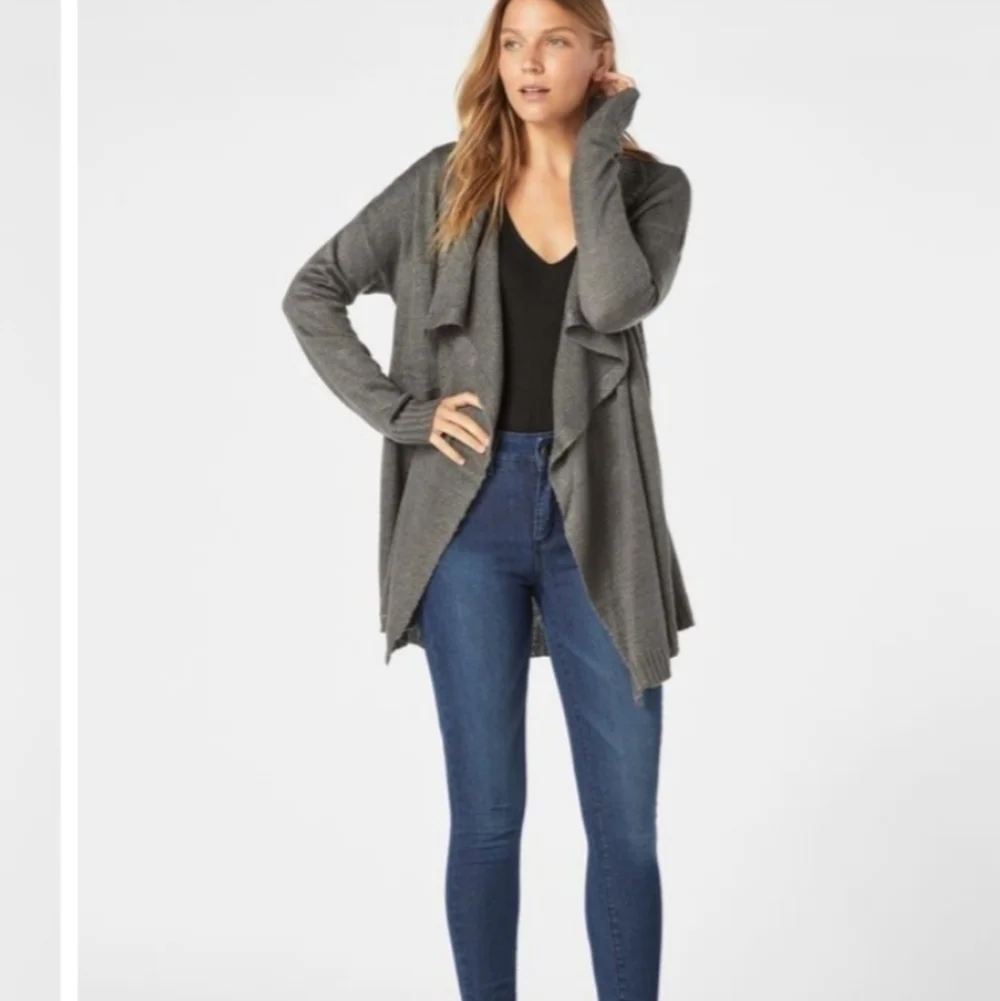 JustFab long sweater Size L gray green 20.5 chest, 34 length gently worn
